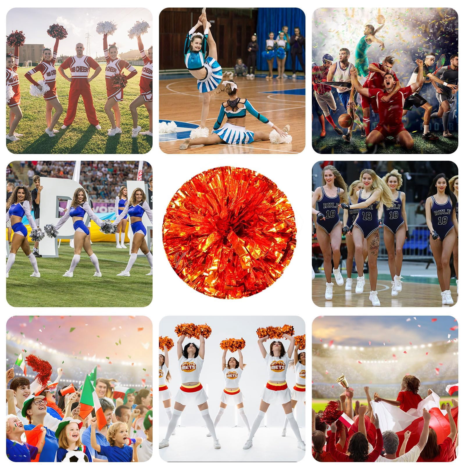 Pom Poms Cheer 18 Pcs with Four Finger Handle, Cheerleading Handheld Squad Pompoms for Sports Team Cheer Spirit Games Dance Party Adults