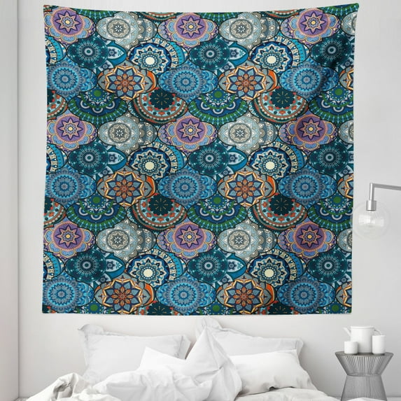 Floral Tapestry, Moroccan Themed Pattern of Colorful Tile Mosaic Shapes Oriental Blueish Details, Fabric Wall Hanging Decor for Bedroom Living Room Dorm, 5 Sizes, Multicolor, by Ambesonne