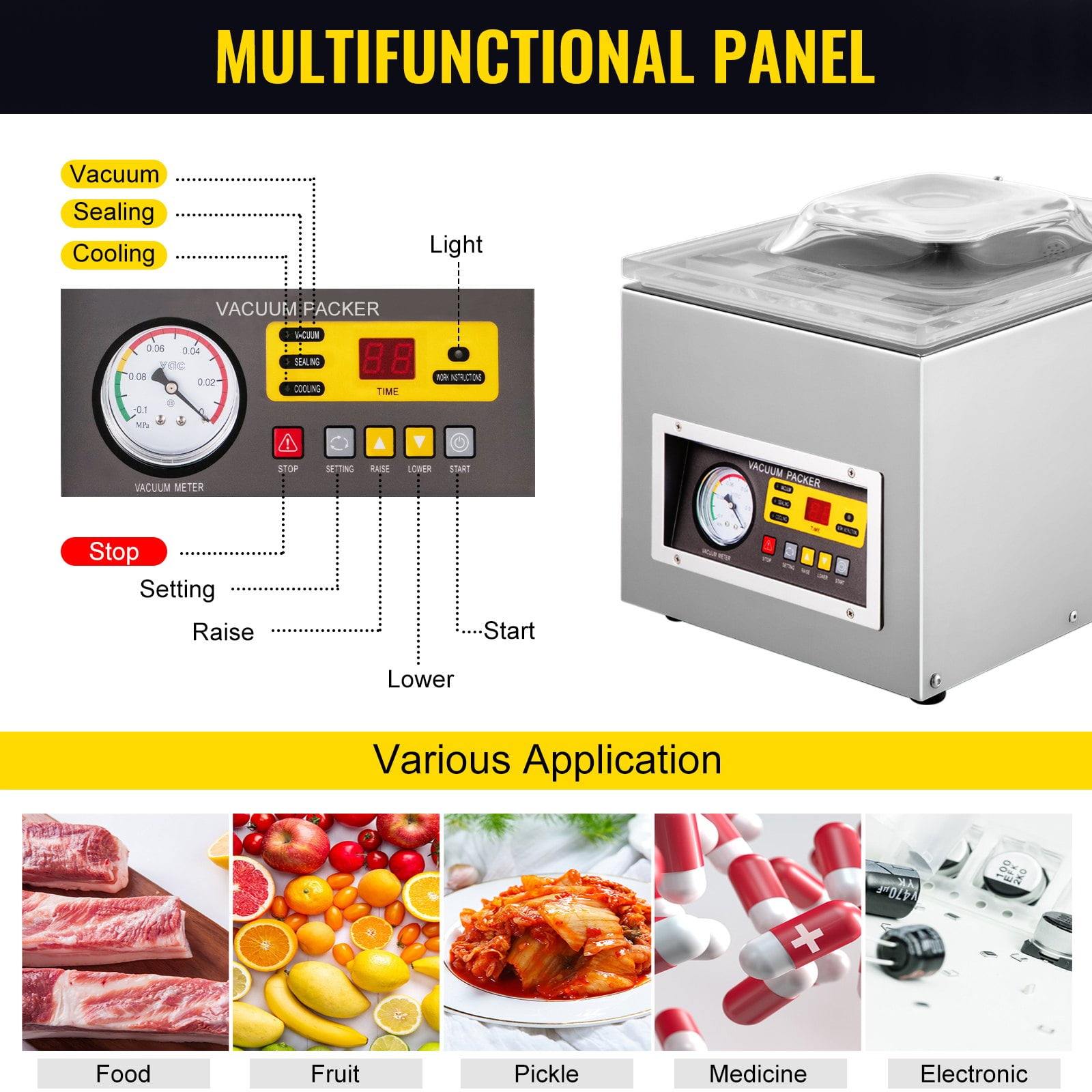 SIHAO Chamber Vacuum Sealer, Foods Vacuum Packing Machine for Wet Foods, Meats, Marinades and More, 260W Sealing Power, Compact Size with 9.5 in Sealing Length, Applied in Home Kitchen and Commercia