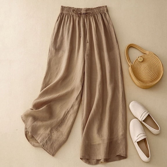 Drovellove Women's Plus Size High Waisted Wide Leg Pants with Pockets - Casual Linen Cotton Summer Straight Leg Pants, Loose Fit Breathable Trousers for Yoga, Beach, or Daily Wear