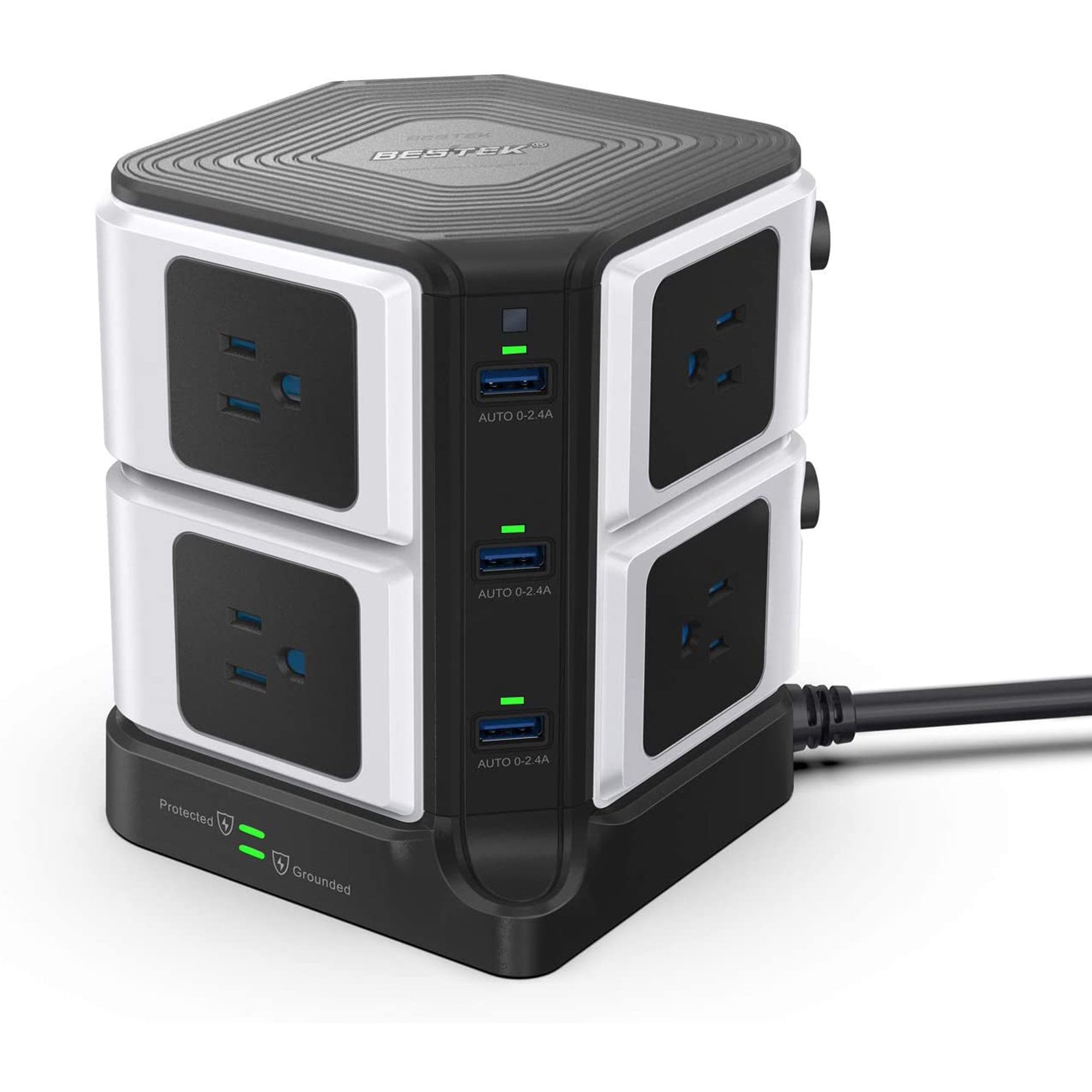 Blue BESTEK Table Mountable Power Strip Cube Charging Station with 3-Outlet and 4 USB Plug Strip with Detachable Base 5 Feet Extension Cord Flat Plug,1875W 