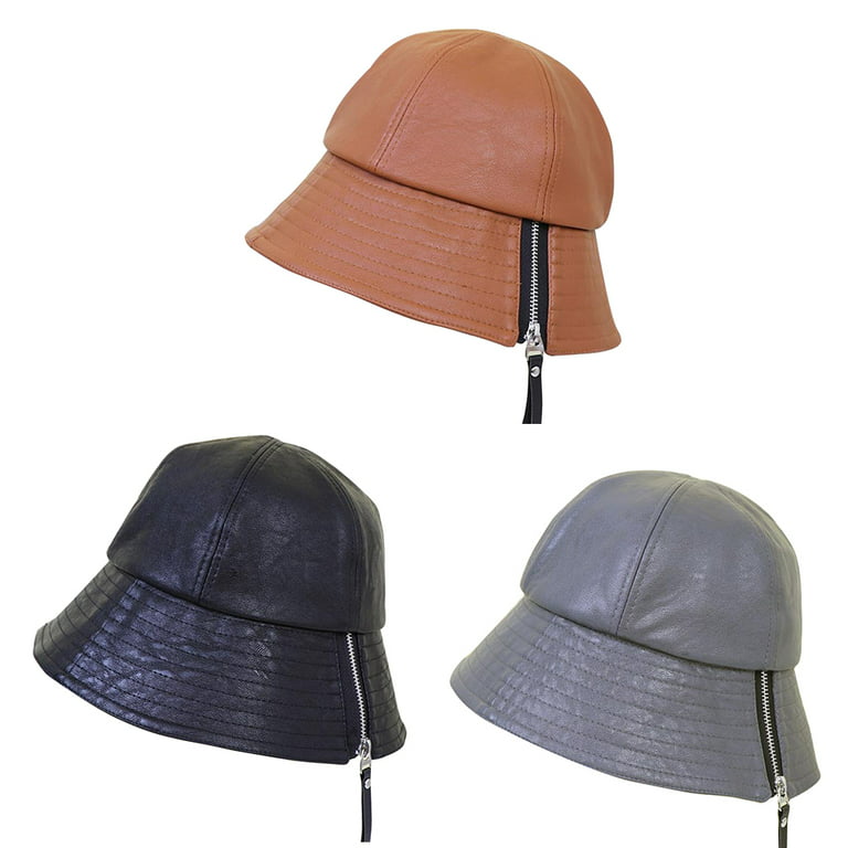Fashion Bucket Hat Casual Zip Fisherman Cap Vintage Leather Zip Hat Fall  Winter 
