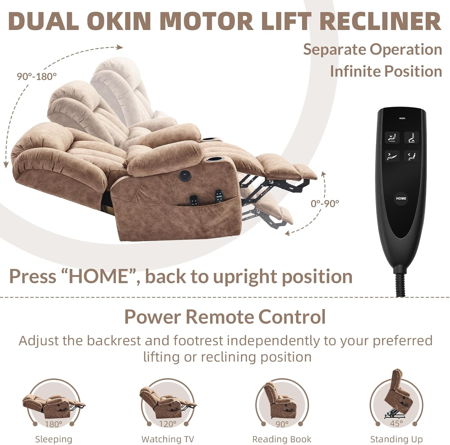 EPICOZY Oversized Dual Motor Power Lift Recliner Chair with Extended Footrest for Big Tall Man, Lay Flat Sleeper Electric Recliner with Massage and Heat, Lumbar Pillow, USB & Type-C Port, Plush Brown