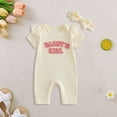 thumbnail image 2 of CAICJ98 Newborn Baby Girls Summer Clothes Daddy's Girl Embroidery Ruffle Short Sleeve Jumpsuit Bubble Romper Bodysuit Outfits with Headband (Beige,3-6 Months), 2 of 4