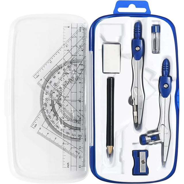 This 10-piece math and geometry set for students includes a shatterproof storage box, a ruler, protractor, compass, eraser, pencil sharpener, pencil lead, and pencil for drawing and drafting.