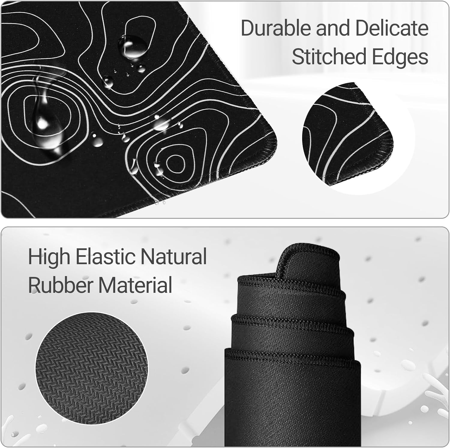 Topographic Contour Gaming Mouse Pad Large,XL Desk Pad Computer Mouse Pad for Keyboard with Stitched Edges, Anti-Slip Base,Waterproof Mousepad,Big Mouse Pad (Black,31.5" x 11.8")