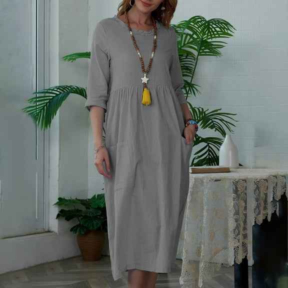 Meichang Summer Midi Dresses for Women Casual Cotton Linen Dresses 3/4 Sleeve Crew Neck A-Line Dresses Solid Loose Fit Tunic Dresses with Pockets