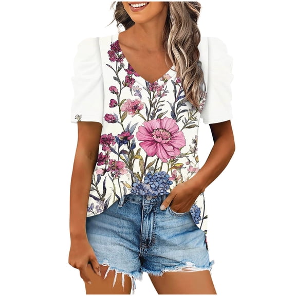 Quinlirra Womens Tops Under $5 Fashion Women Casual Short Sleeve V-Neck Printing Puff Sleeves T-Shirt