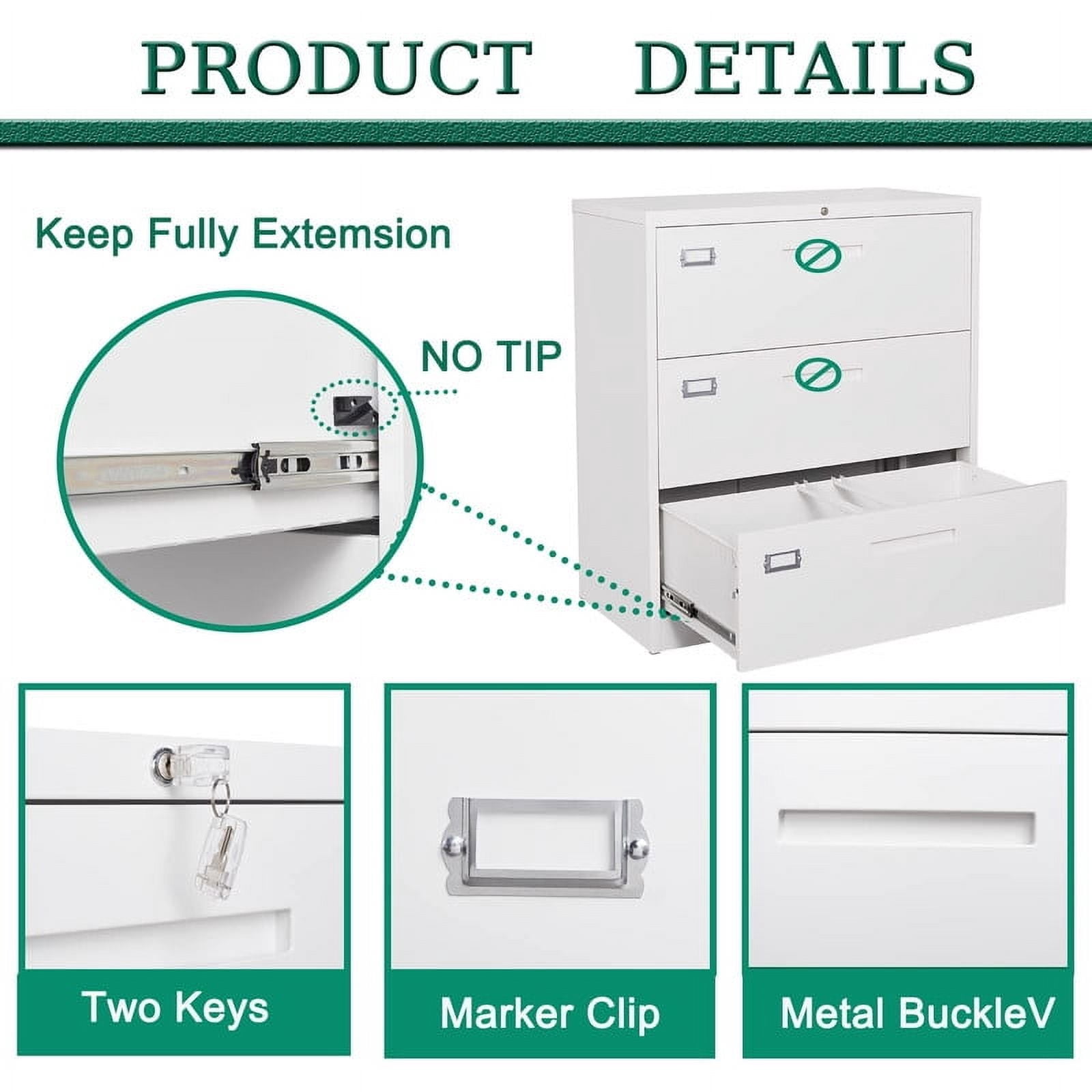 MIIIKO 3 Drawer Lateral File Cabinet with Lock, White Lateral Filing Cabinet for Legal/Letter A4 Size, Locking Wide File Cabinet for Home Office, Metal