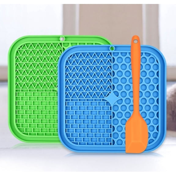 Licking Mat for Dogs & Cats 2 Pack with Suction Cups, Dog Peanut Butter Lick Pads for Boredom Reducer, Perfect for Bathing Grooming (Blue&Green 1 Spatula)