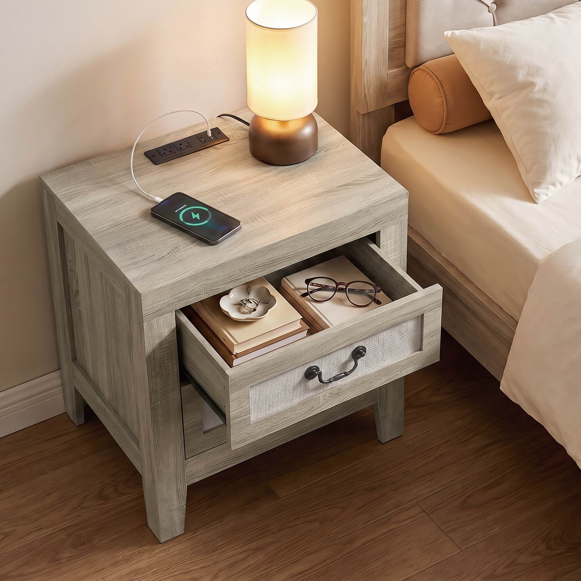 Spruce & Spring Modern Transitional Nightstand, 2-Drawer End Table with Charging Station, Fabric Drawer Front, White Oak Wood Finish