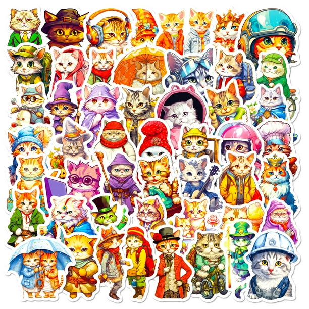 Paquete de pegatinas Cool Cat con dibujos animados de gatos con sombreros y disfraces, 50 unidades