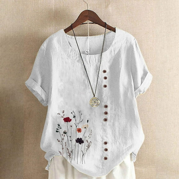 Plus Size Women Blouses Women Casual And Linen Round-Neck Printed Short Sleeve Button T-shirt Blouse Tops for Women White 2XL