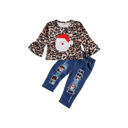 

Seyurigaoka Girl s Christmas 2Pcs Suit Flared Sleeve Leopard Top with Long Denim Jeans