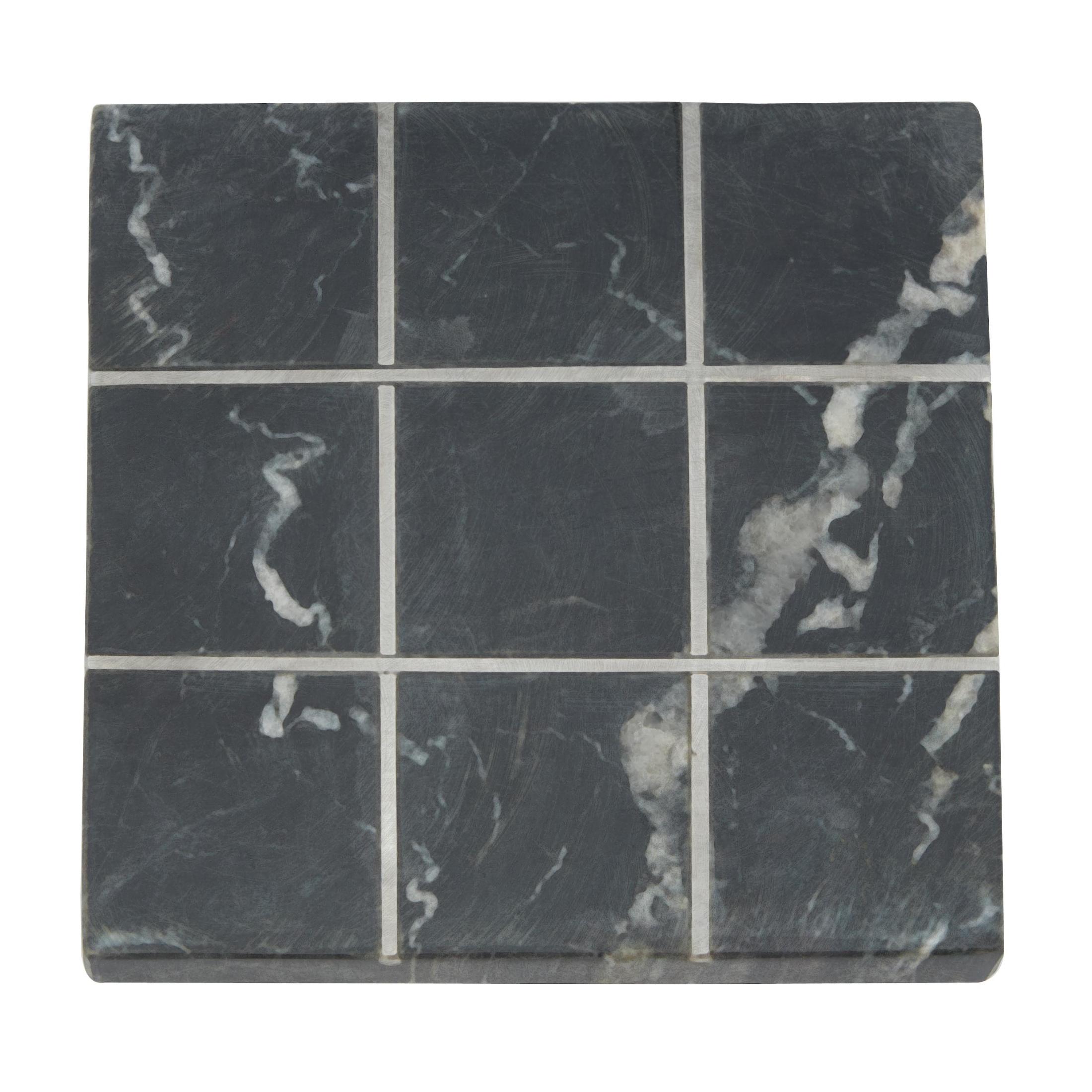 DecMode 6" x 1" Black Marble Tic Tac Toe Game Set with Silver Metal Accents, 1-Piece