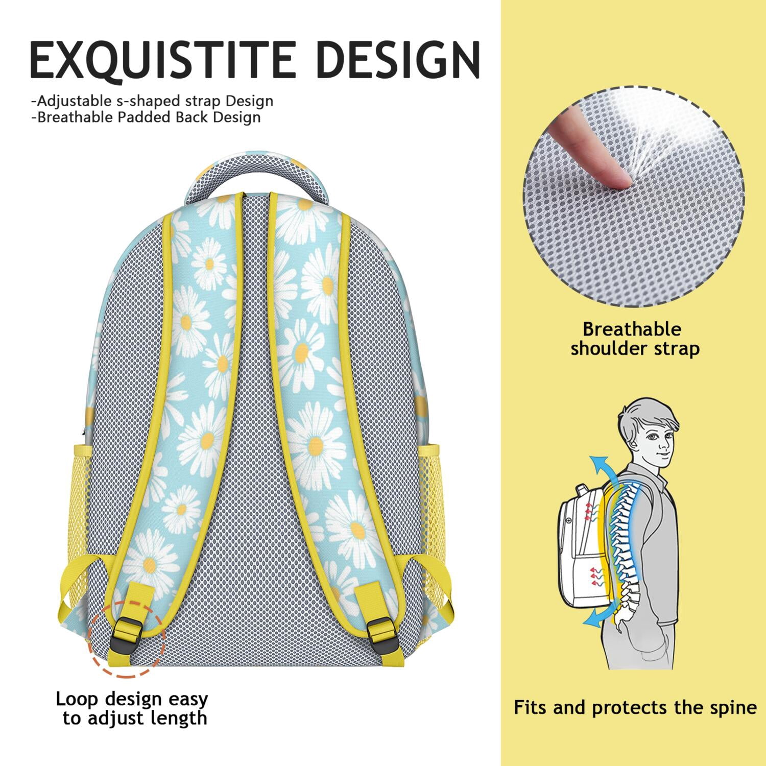 Watercolor Daisy Artwork School Bag - Breathable & Ergonomic for Teenagers