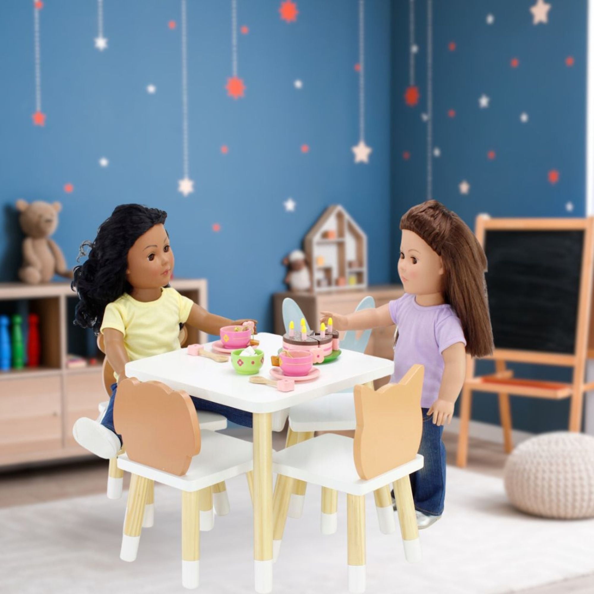 Emily Rose 18 Inch Doll Wooden Kitchen Table and 4 Chair Dining Set Adorable Animals Theme | 18-in Doll Furniture Accessory - Compatible with American Girl Dolls