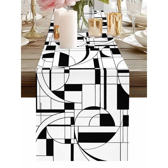 Table Runner White Lines Grid Table Runners Geometric Curving Fluid Ribbons Cotton Linen Dresser Scarf Kitchen Dining Table Decor for Holiday Party Home Decor 13x90 Inch