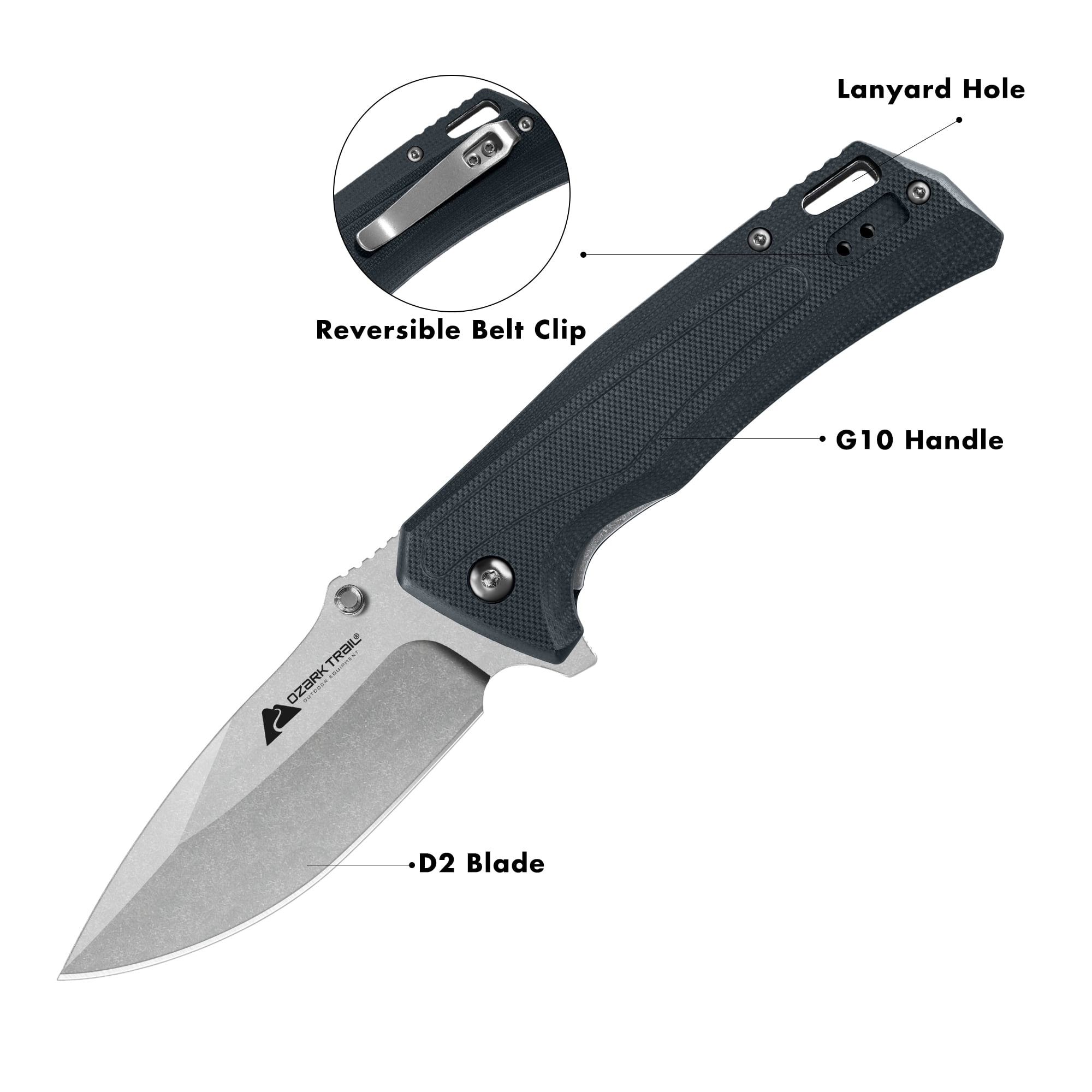 Ozark Trail 8 inch Folding Knife with D2 Steel Stonewashed Blade G10 Handle Reversible Clip