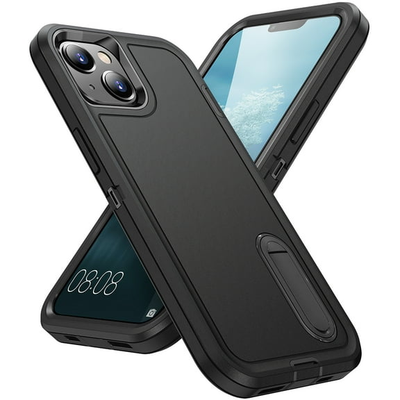 For Apple iPhone 14 Plus (6.7") Hybrid Ultra Protective Hybrid Armor 3 in 1 Shockproof with Kickstand Heavy Duty Rugged Case Cover fit iPhone 14 Plus - Black
