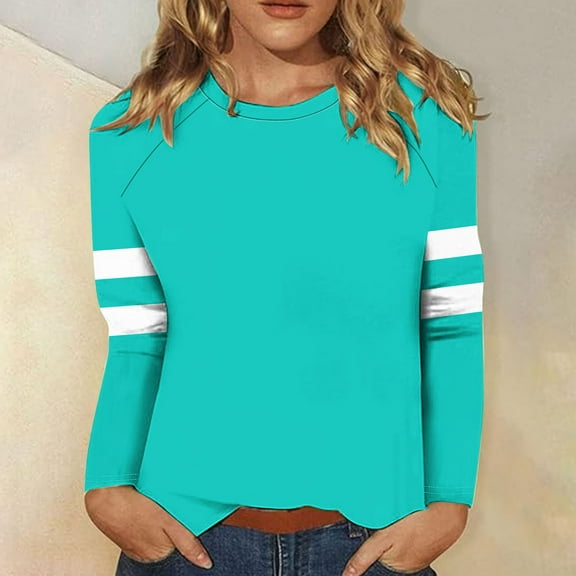 Royisotas Casual Womens Tops Mint Green Striped Long Sleeve Fall and Winter Plus Size for Shirts Loose Fit Crew Neck TShirts
