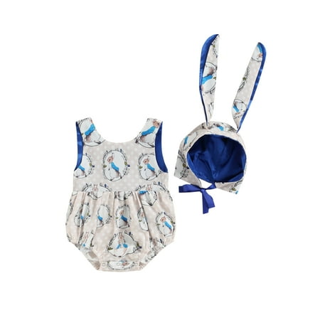 

JYYYBF 2Pcs Infant Baby Girl Easter Clothes Set Floral Print Romper + 3D Rabbit Ears Hat Onesie Outfit Blue 0-6 Months
