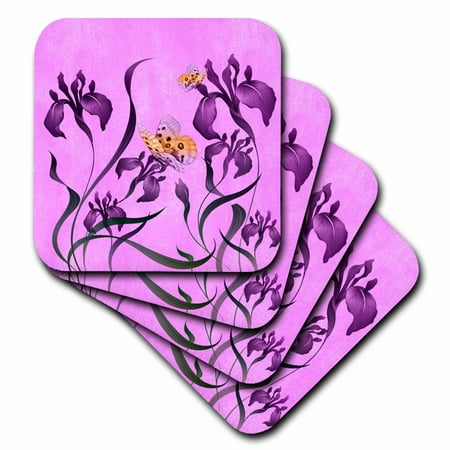 

3dRose Picturing Purple Iris Februarys Birth Flower with Butterflies Soft Coasters set of 8
