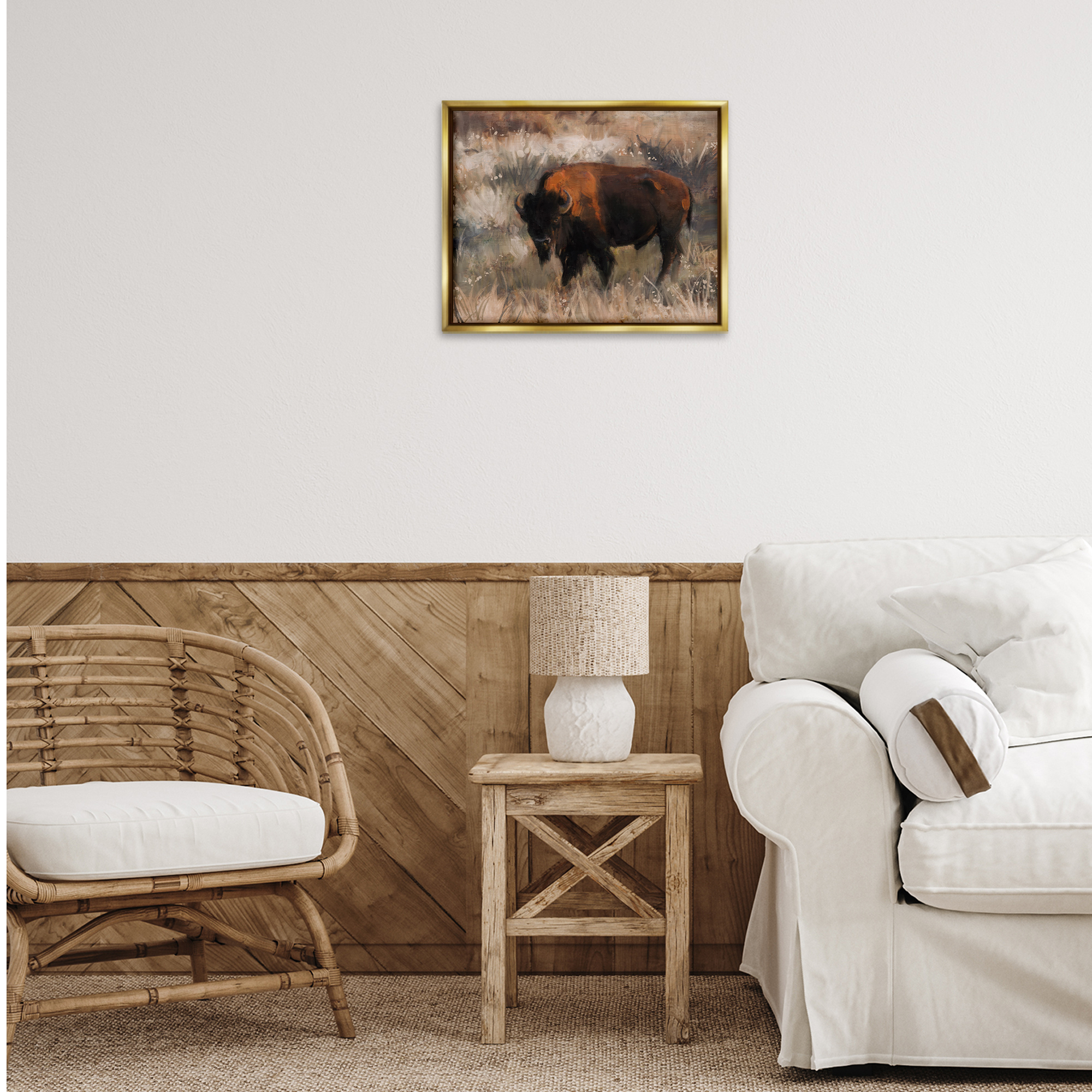 Stupell Industries Traditional Bison Range Animals & Insects Painting Gold Floater Framed Canvas Art Print Wall Art, 21 x 17