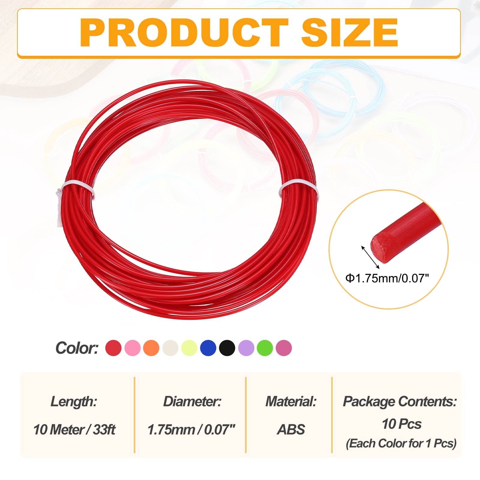 Uxcell 10 Colors ABS 3D Pen Printer Filament Refills, Each Color 32.8 Feet Total 328 Feet 1.75mm Printing Filament for Most 3D Printing Pens