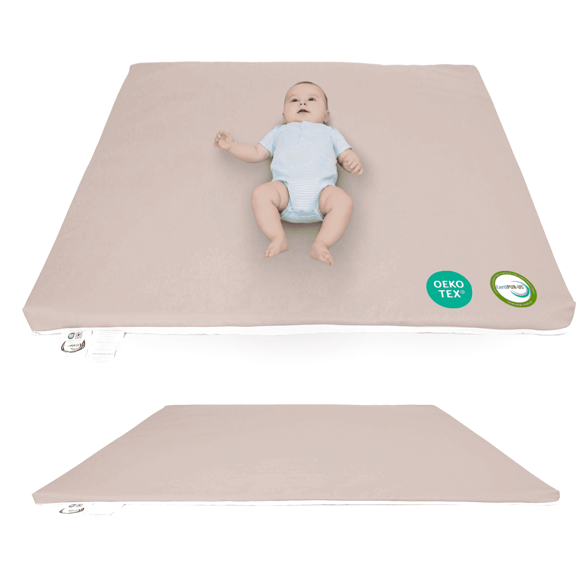 Sleepah Baby Play Mat for Floor 50" x 50" – Waterproof Vegan Leather Tummy Time Mat – Easy to Clean with Removable Cover – Foam Support with Non-Slip Bottom for Infant, Kids & Toddler Crawling - Tan