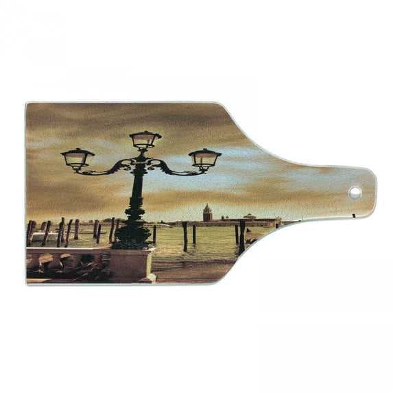 Venice Cutting Board, Venice Lagoon Gondolas Moored by Saint Mark Square on Grand Canals Dreamy Sky, Tempered Glass Cutting and Serving Board, Wine Bottle Shape, Pale Brown Black, by Ambesonne