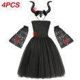 thumbnail image 3 of Vestido negro de maléfica para niños, disfraz de Halloween gótico de bruja oscura, vestido de tutú con capa de plumas, disfraz de hada de la Reina Malvada, 3 of 5