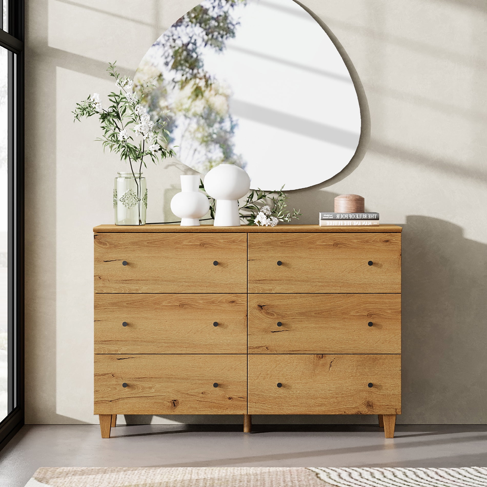 Modern 6-Drawer Double Dresser, Wooden Chest of Drawers with Oak Brown Wood Finish, 47.2" Wide