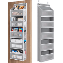 Over The Door Organizer Storage, 5 Shelf Hanging Door Organizer with 5 Large Capacity Pockets,Behind Door Storage for Bedroom, Bathroom, Pantry, Nursery, (Grey)