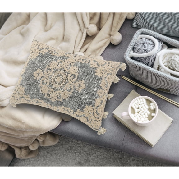 Laddha Home Designs Hand Stitched Ornate Medallion Cotton Throw Pillow Cover - 20" - Gray and Cream