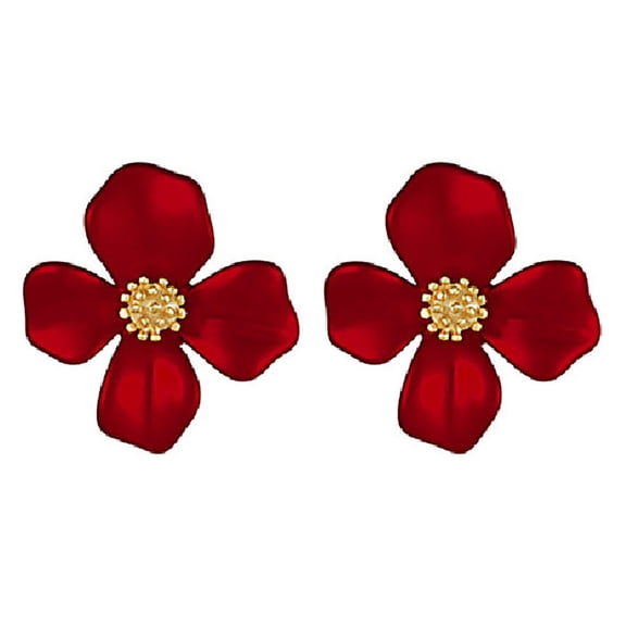 Grandest Birch 1 Pair Women Sweet Red Flower Shape Four Petals Ear Stud Earring Jewelry Accessory Alloy Red