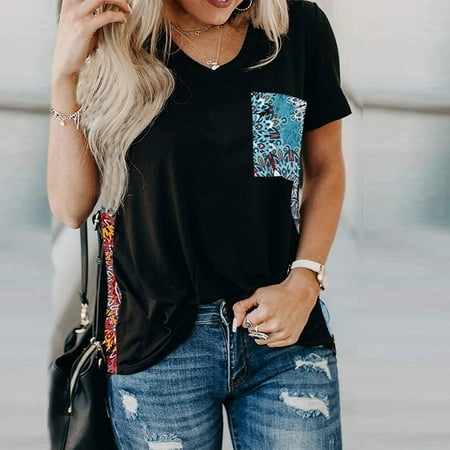 

TZNBGO Elegant Women Short Sleeve V Neck Printed Pachwork Pockets Tops Blouse Panel Top Blue Xxl Plus Size Summer Tops For Women Topsy Turvy Women Workout Tops Scrub Tops148950