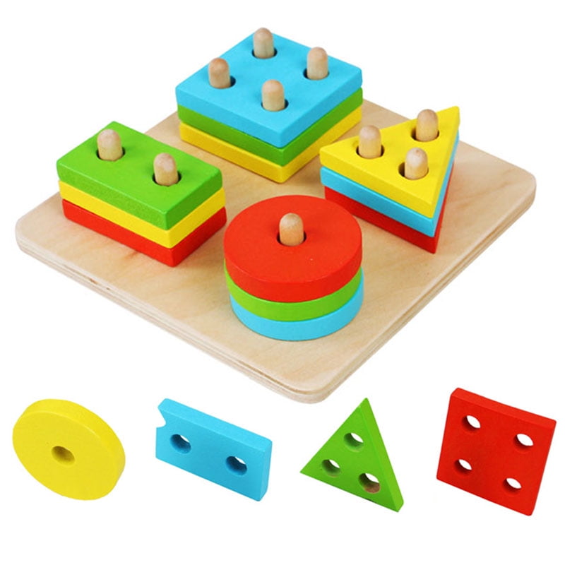 Kids Child Educational Wood Geometric Sorting Montessori Building Blocks Toy 