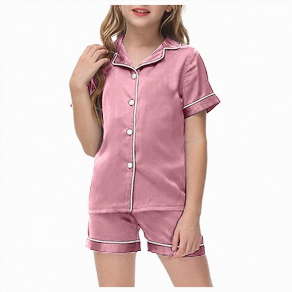 Curenmufel Kids Summer Pajamas Big Girl's Pajama Sets Printed Short Sleeve Button Tops Shorts Sleepwear PJ's Size 10-11 (Pink,10-11 Years)