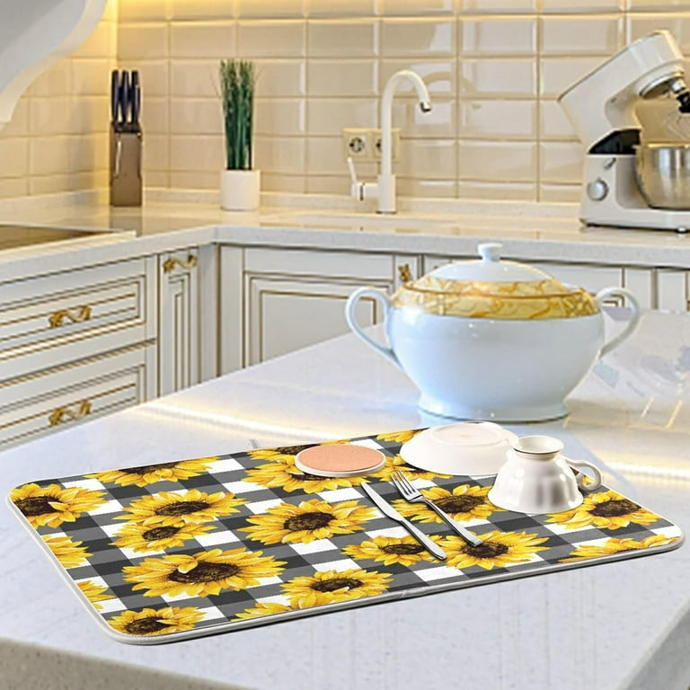 Dreamtimes Dish Drying Mats for Kitchen Buffalo Check Plaid Absorbent Microfiber Drying Mat Black White Sunflower Rustic Farmhouse Dishes Drainer Pads 16x18 inch Walmart