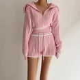 thumbnail image 5 of Womens 2 Piece Outfits Zipper Lapel Knit Pullover Sweater Shorts Set Wide Leg Matching Set Loungewear, 5 of 9
