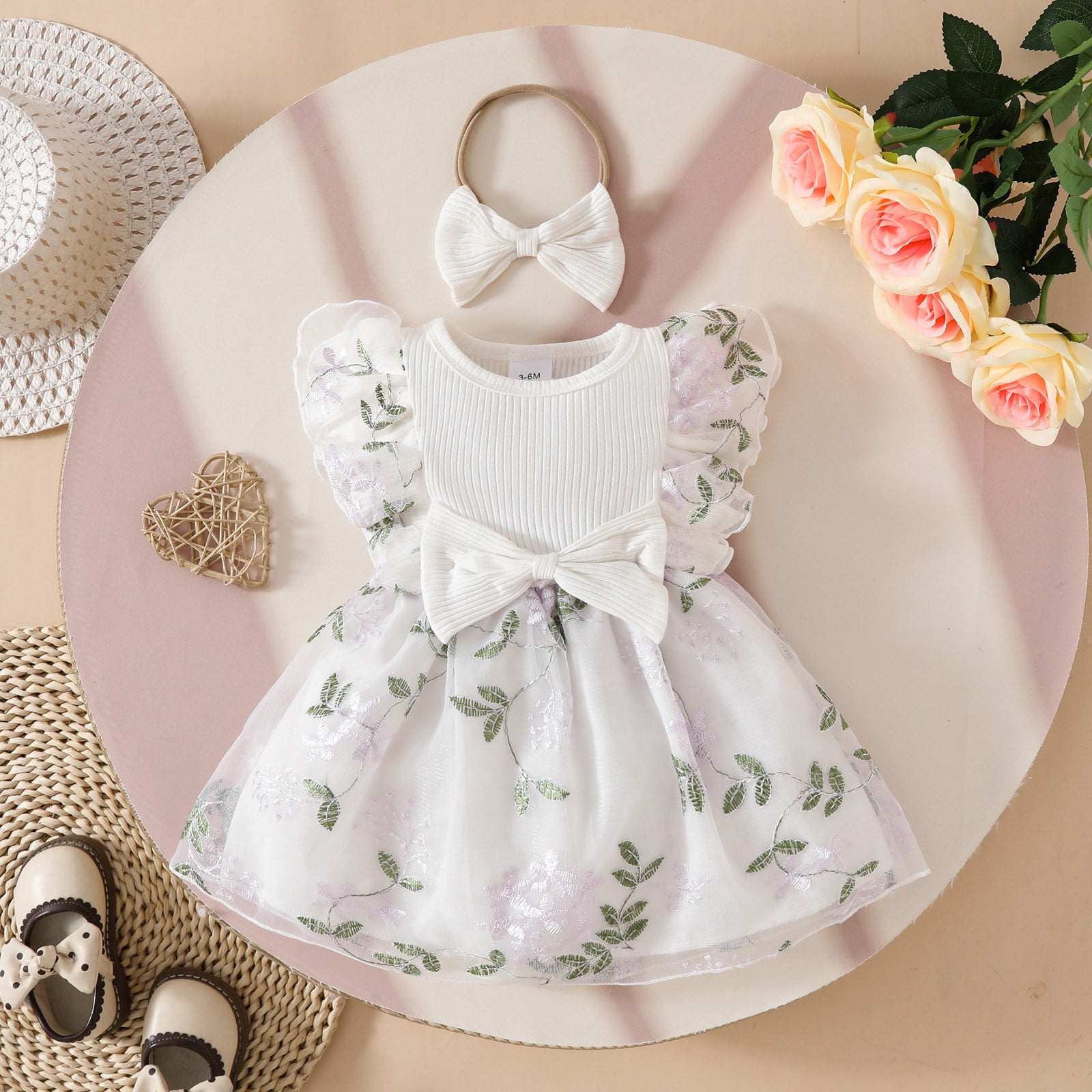 Dhfjkg Girls Dresses Toddler Baby Floral Embroidery Sleeveless Ruffle Holiday Party Mesh Mini Dress With Hairband 2pcs Set Comfortable Dresses, Infant