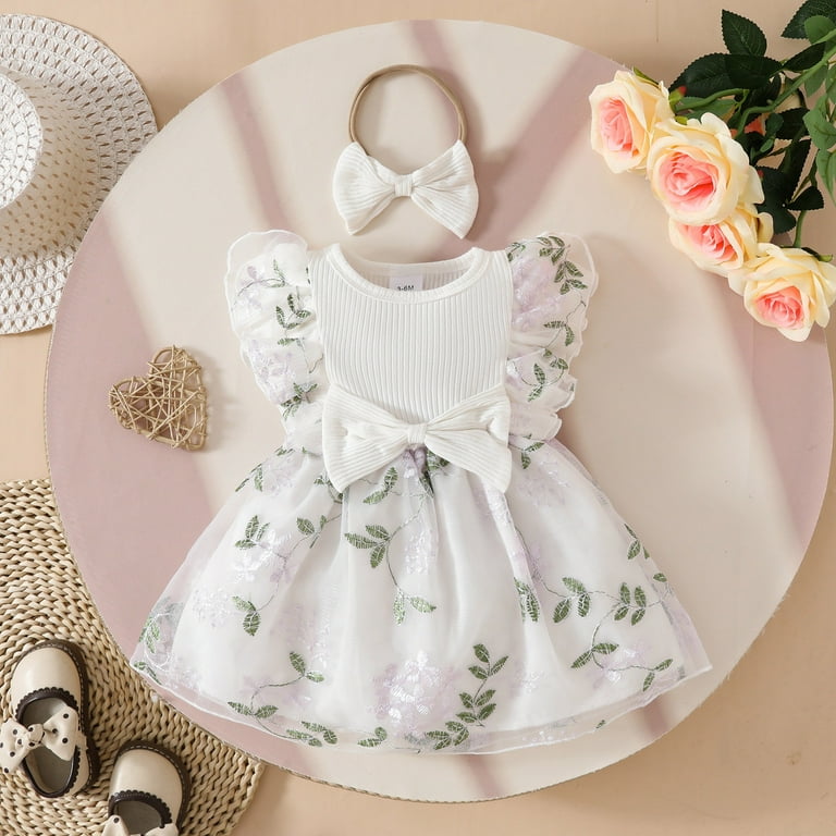 DHFJKG Girls Dresses Toddler Baby Floral Embroidery Sleeveless Ruffle  Holiday Party Mesh Mini Dress With Hairband 2PCS Set Comfortable Dresses -  Walmart.com