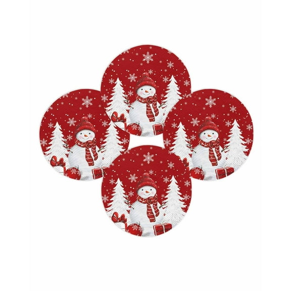 Christmas Round Placemats Set of 4 Snowflake Snowman Place Mats Washable Woven Placemat Xmas Tree Balls Red Circle Braided Table Mat for Kitchen Dining Table Party Home Decor 15 Inch
