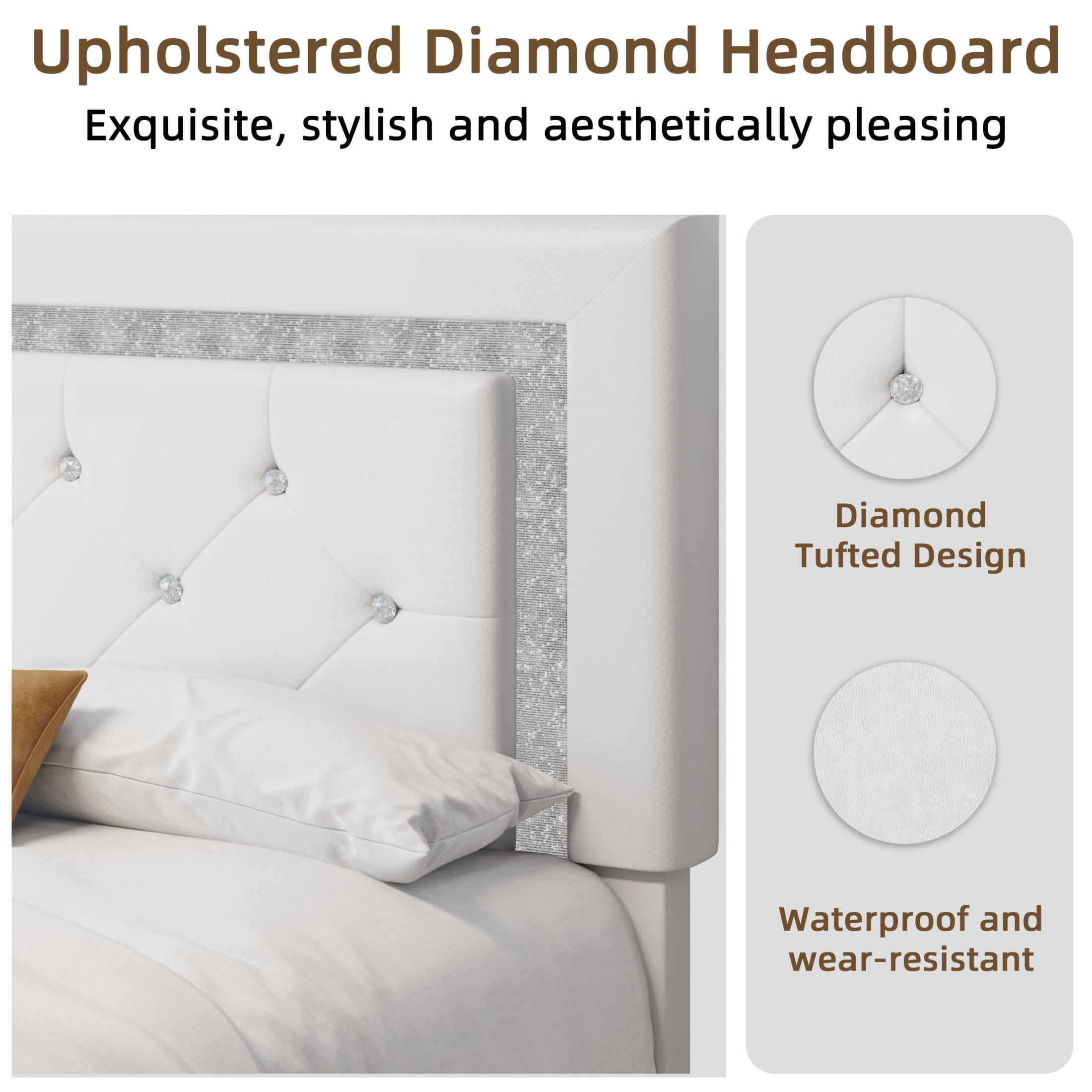 Noble House Elliana Full Size Upholstered Floating Platform Bed Frame with Diamond Tufted Headboard, LED Lights, Beige White