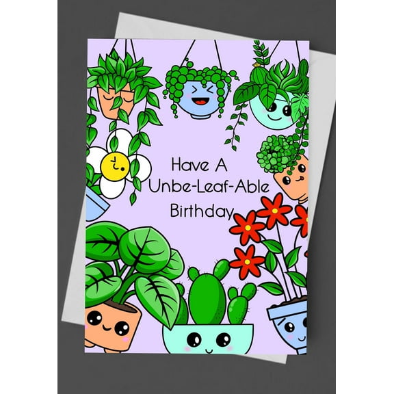Unbe-Leaf-Able Birthday Card – Cute Plant-Themed Design with Happy Characters – Blank Inside for Personal Messages – Perfect for Plant Lovers and Friends’ Birthdays