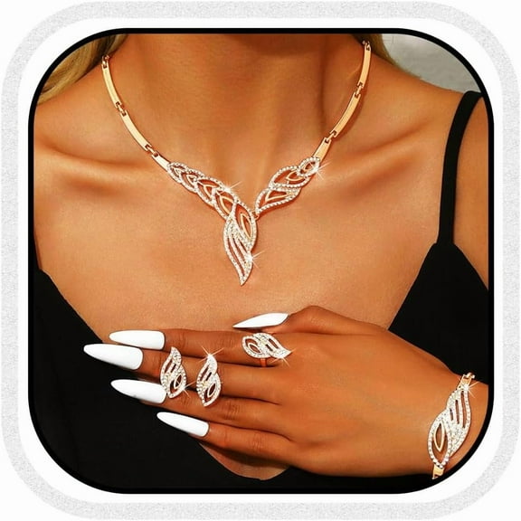 Rhinestone Jewelry Set Gold Necklace Earrings Bracelet Ring Sets Prom Costume Jewelry for Women