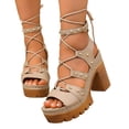 thumbnail image 4 of Samdudou Women's Sandals Open Toe Gladiator Lace Up Chunky Heel Ankle Wrap Rivet Studded Evening Party Summer Dating Vacation Dressy Ladies Fashion Footwear Outdoor Walking Essential Trendy, 4 of 9
