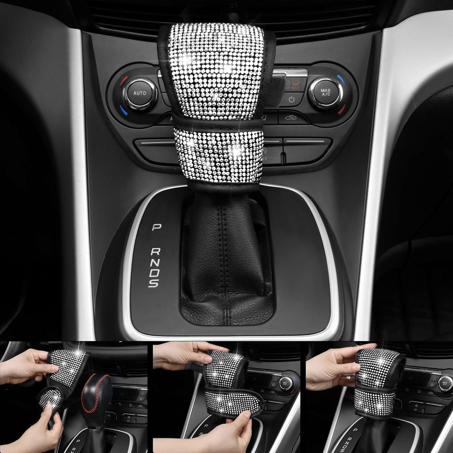 CAR PASS 11 PCS Bling Diamond Car Accessories for Women, Sparkly Rhinestone Steering Wheel Cover, Bling Seat Belt Cushion, Glitter Shift Knob Cover, Car Cup Holder Coaster, Cute Interior Sets Black