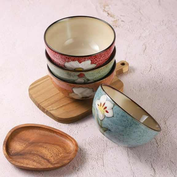 4 Piece Ceramic Bowls with Floral Design, 6 Inch Microwave & Dishwasher Safe Kitchen Bowls